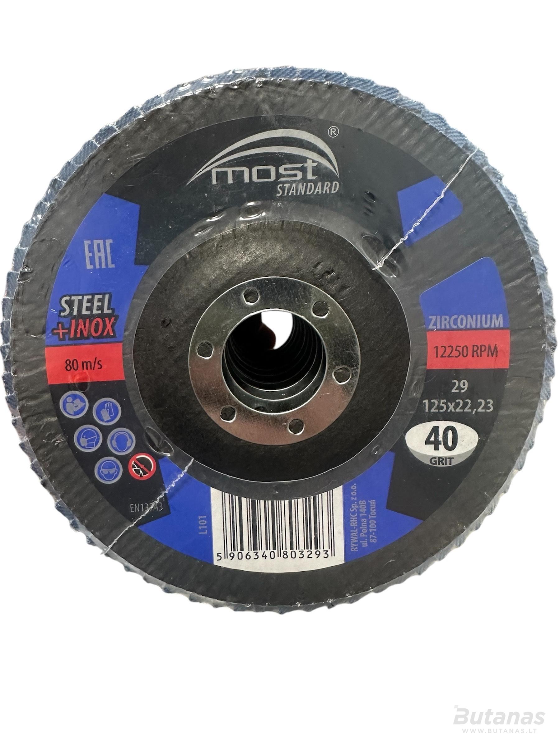 diskas_ziedlapinis_most 125x22 GR40 Šlifavimo diskas žiedlapinis MOST 125x22 GR40